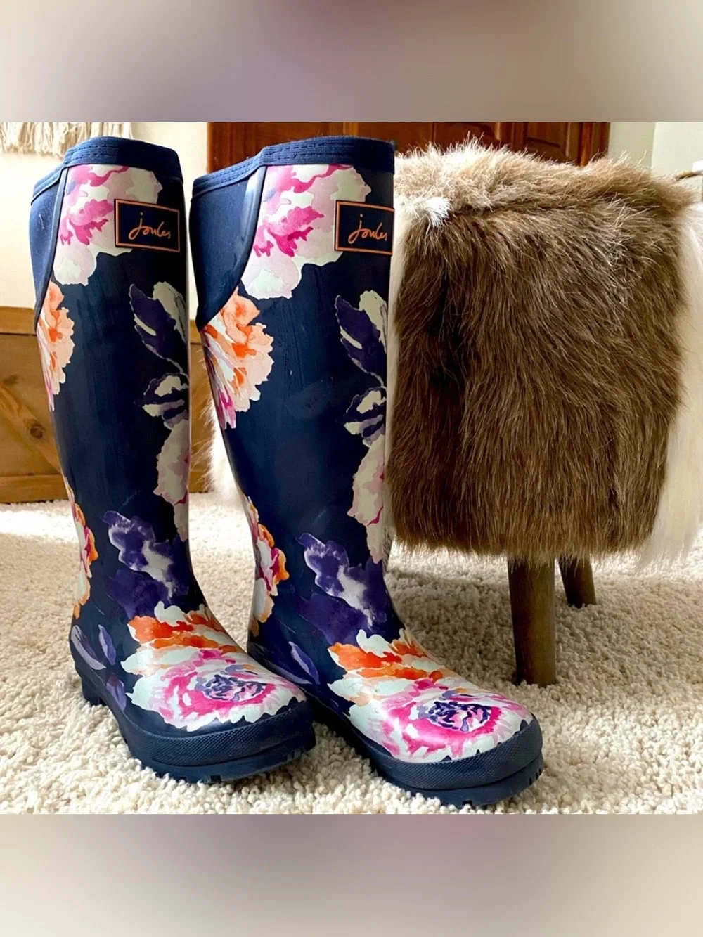 Joules Welly Print Navy Floral Tall Gardening, Rain and Muck Boots